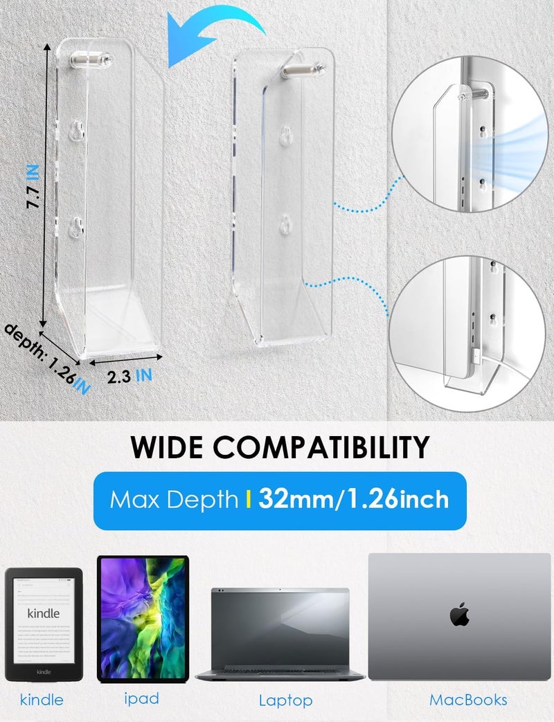 Haohaio Laptop Wall Mount Holder, Space-Saving Under Desk Laptop Mount with Cable Slots, Supports 1.26" Thick Devices, Compatible with iPad/MacBooks/Surface (Clear) - Image 2